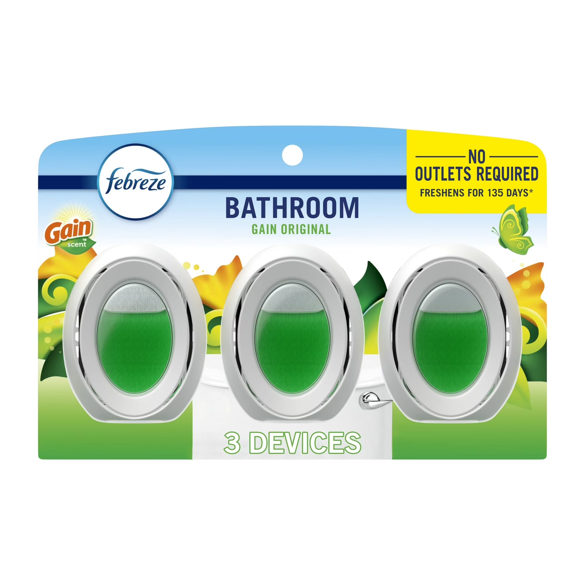 Febreze Bathroom Air Freshener, Small Spaces Odor-Fighting, Gain Original, 3