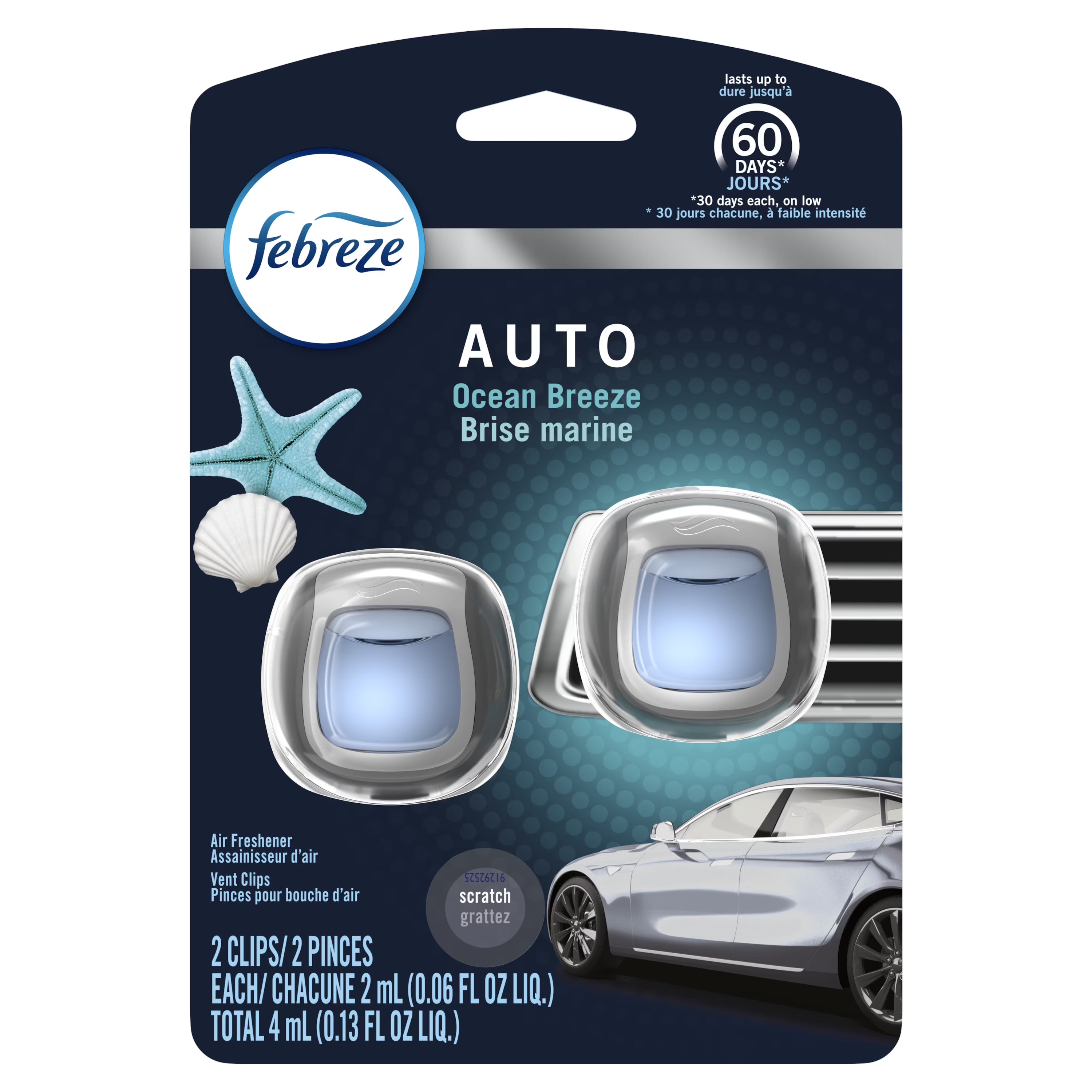 Febreze Auto Odor-Eliminating Car Freshener Vent Clip, Ocean Breeze, .06 oz, 2