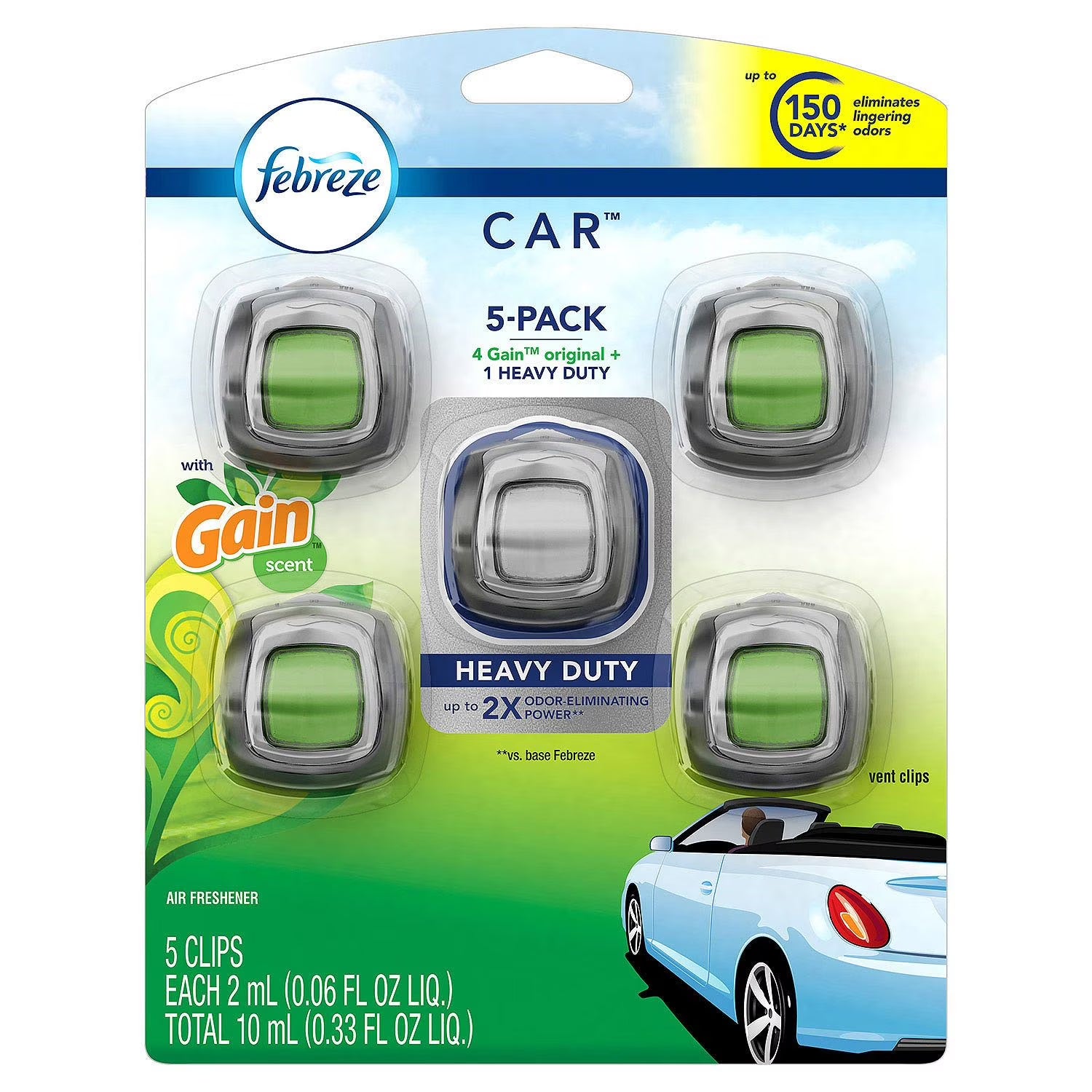 Febreze Car Air Freshener 5-Pack, 4 Gain Original Scent + 1 Heavy Duty