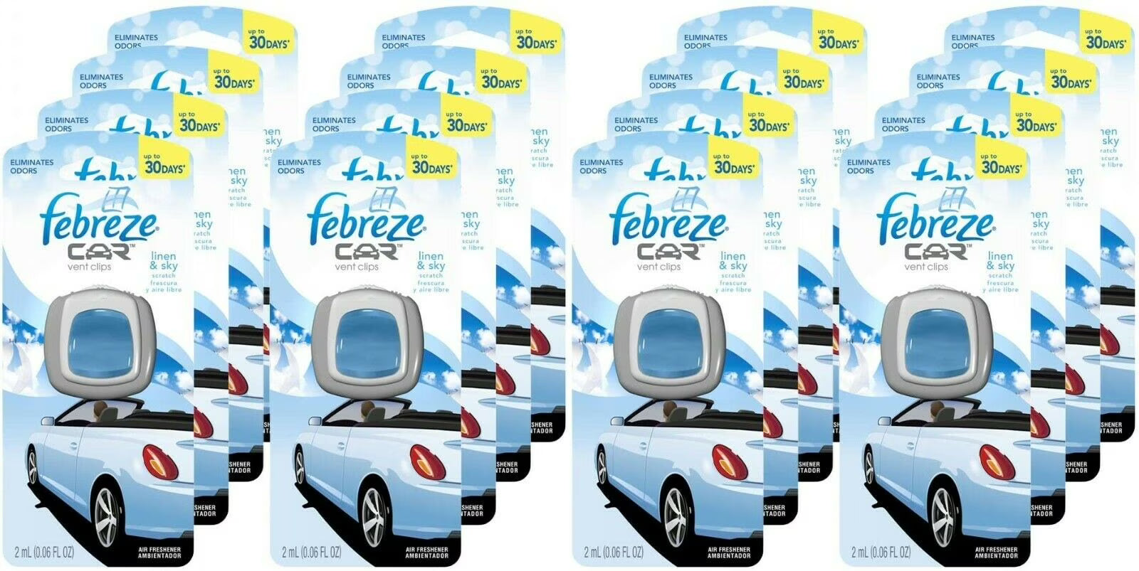Febreze Car Vent Clips Air Freshener and Odor Eliminator, Linen and Sky -16 Pack