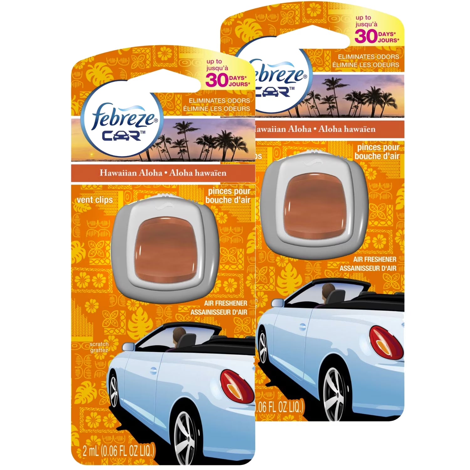 Febreze Car Vent Clips Air Freshener & Odor Eliminator Hawaiian Aloha - 2 PACK