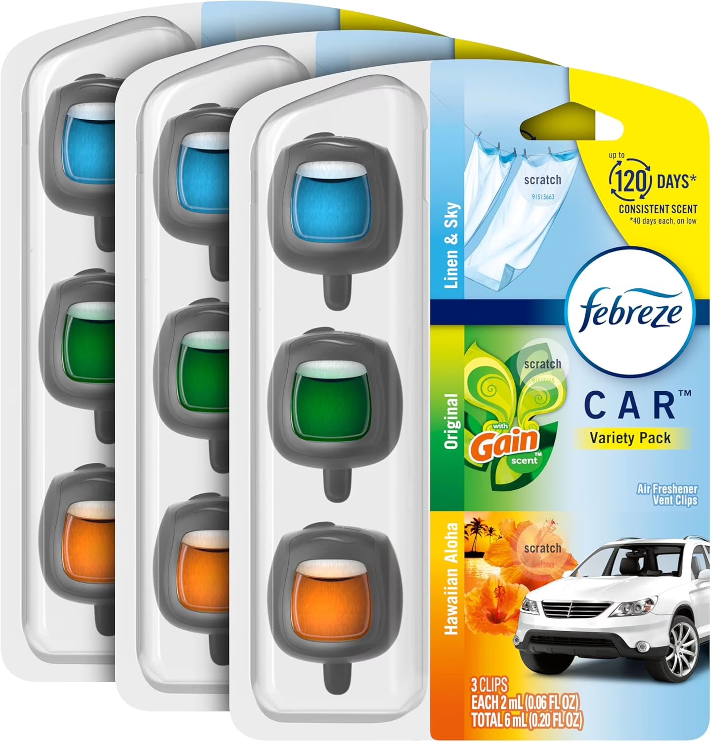 Febreze Car Air Freshener Odor-Fighting Car Vent Clip, Variety, Linen and Sky,