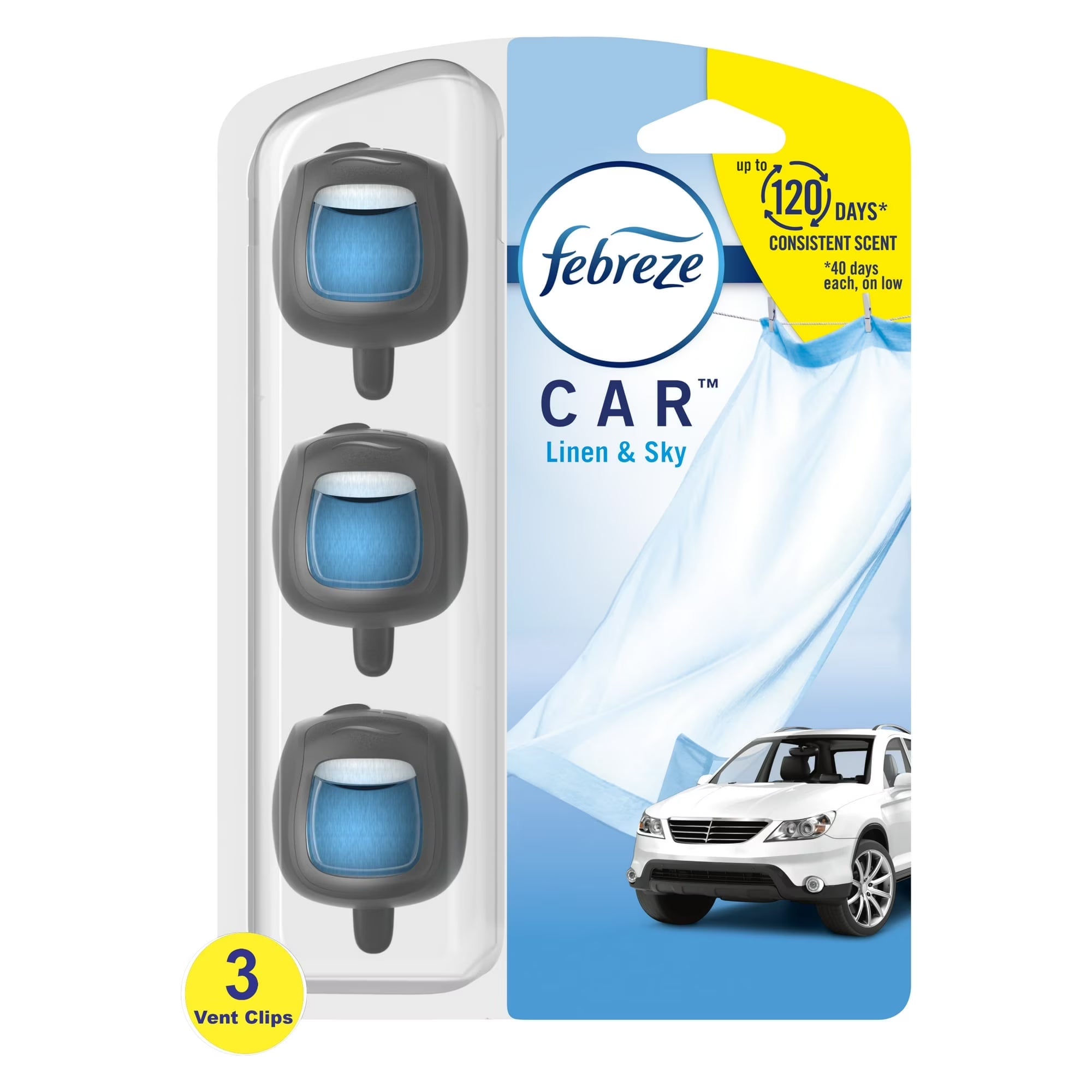 Febreze Car Odor-Fighting Car Freshener Vent Clip Linen & Sky, 0.06 fl oz, 4