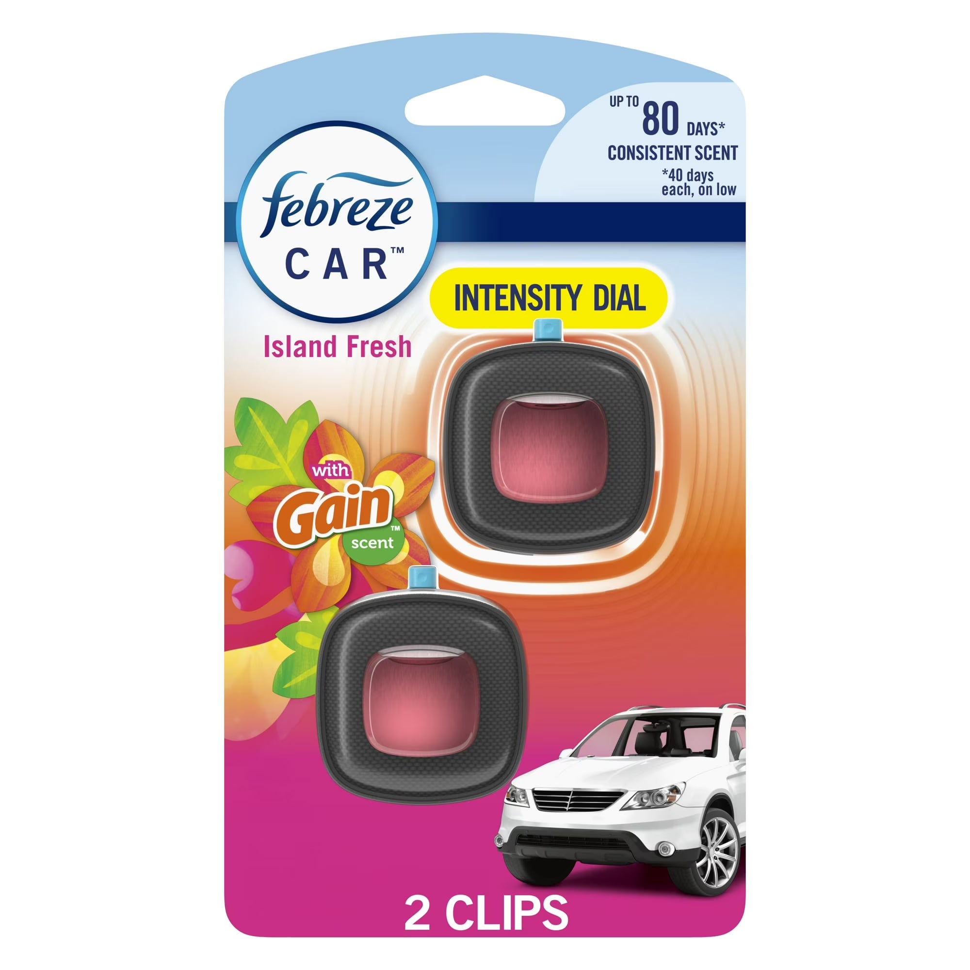 Febreze Car Air Freshener, Odor-Fighting Car Vent Clip, Gain Island Fresh, 2