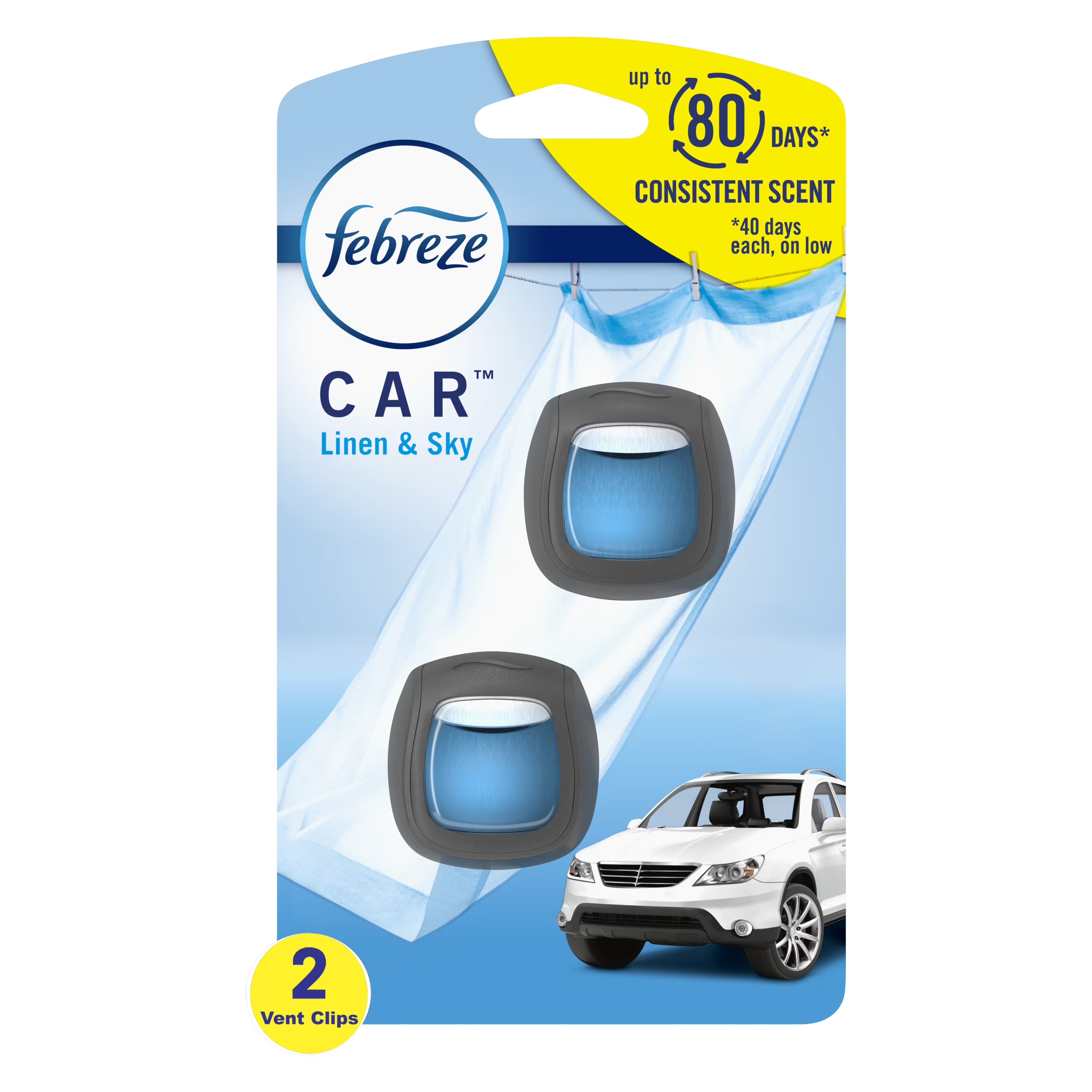 Febreze Car Air Freshener Vent Clip Linen & Sky Scent, .06 oz. Car Vent Clip, 2