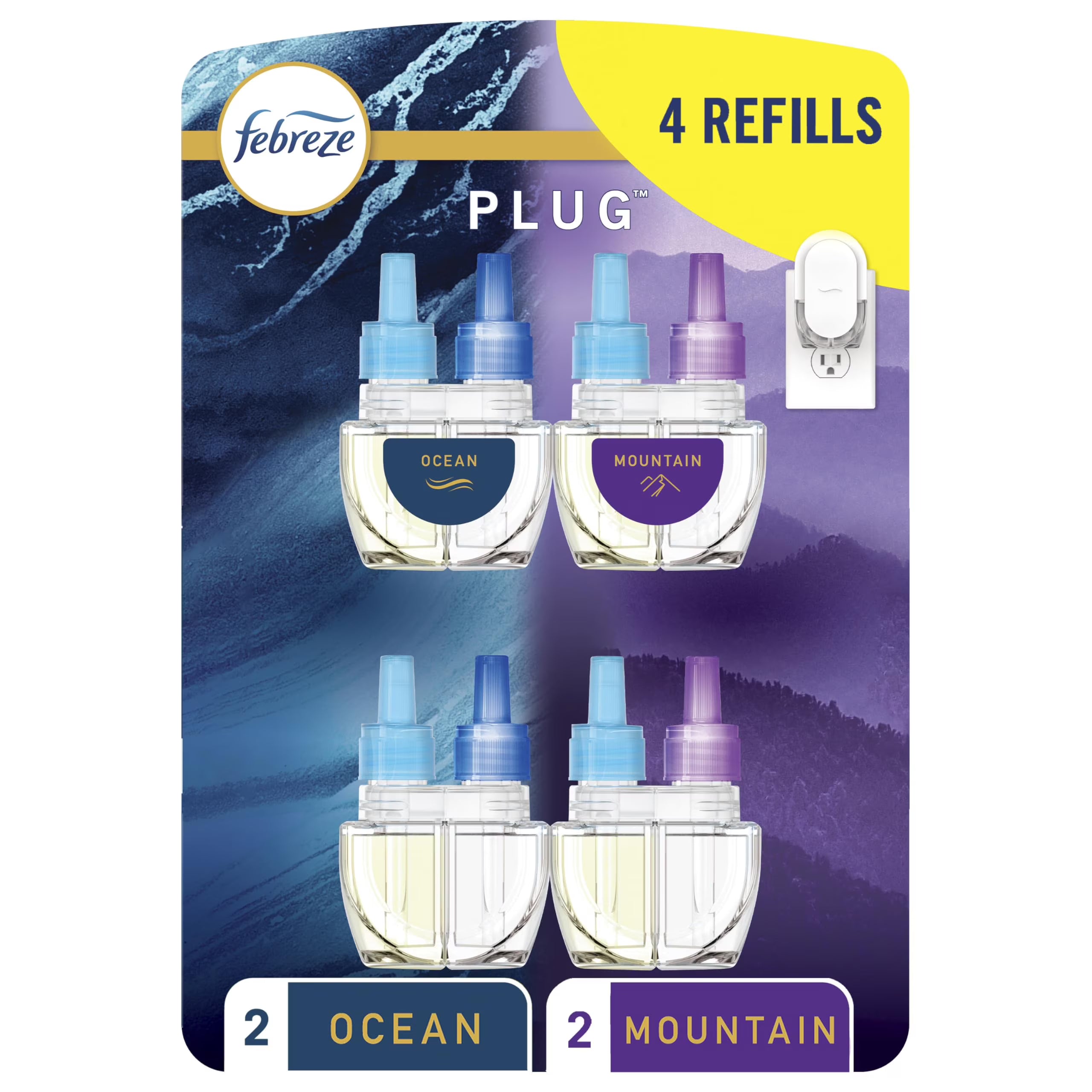 Febreze Odor-Fighting Fade Defy Plug Air Freshener, Mountain, Ocean, 87 Fl. Oz.