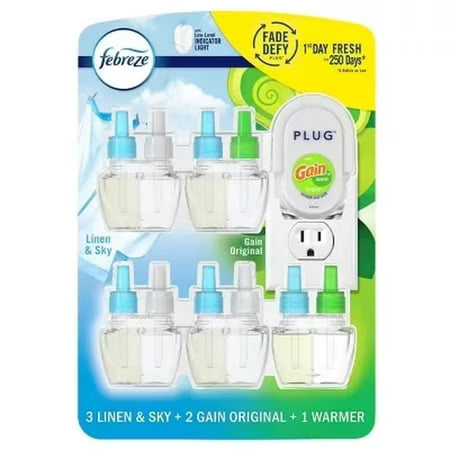 Febreze Fade Defy PLUG Air Freshener, Linen & Sky + Gain Original 1 Warmer + 5