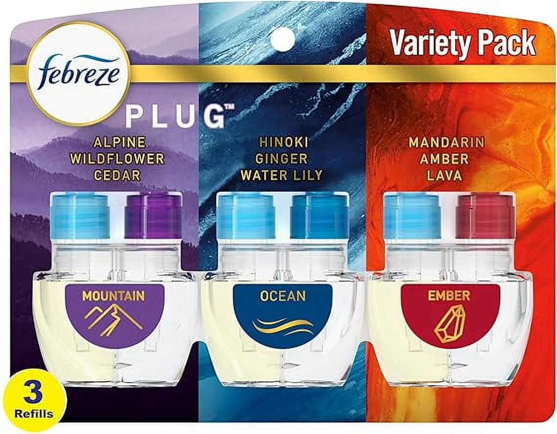 Febreze Odor-Fighting Fade Defy PLUG Air Freshener, Mountain, Ocean, Amber, (3)