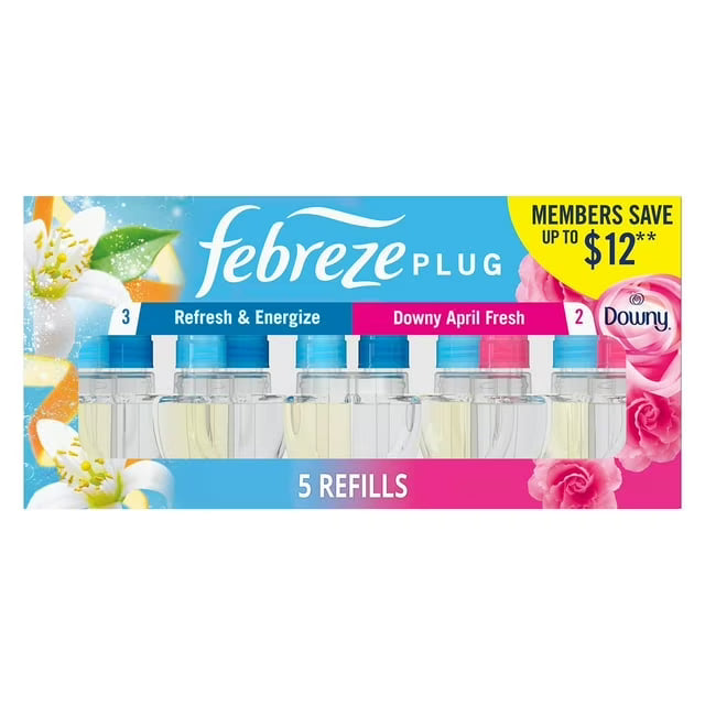 Febreze Plug Air Freshener, Refresh & Energize + Downy April Fresh, 5 refills,