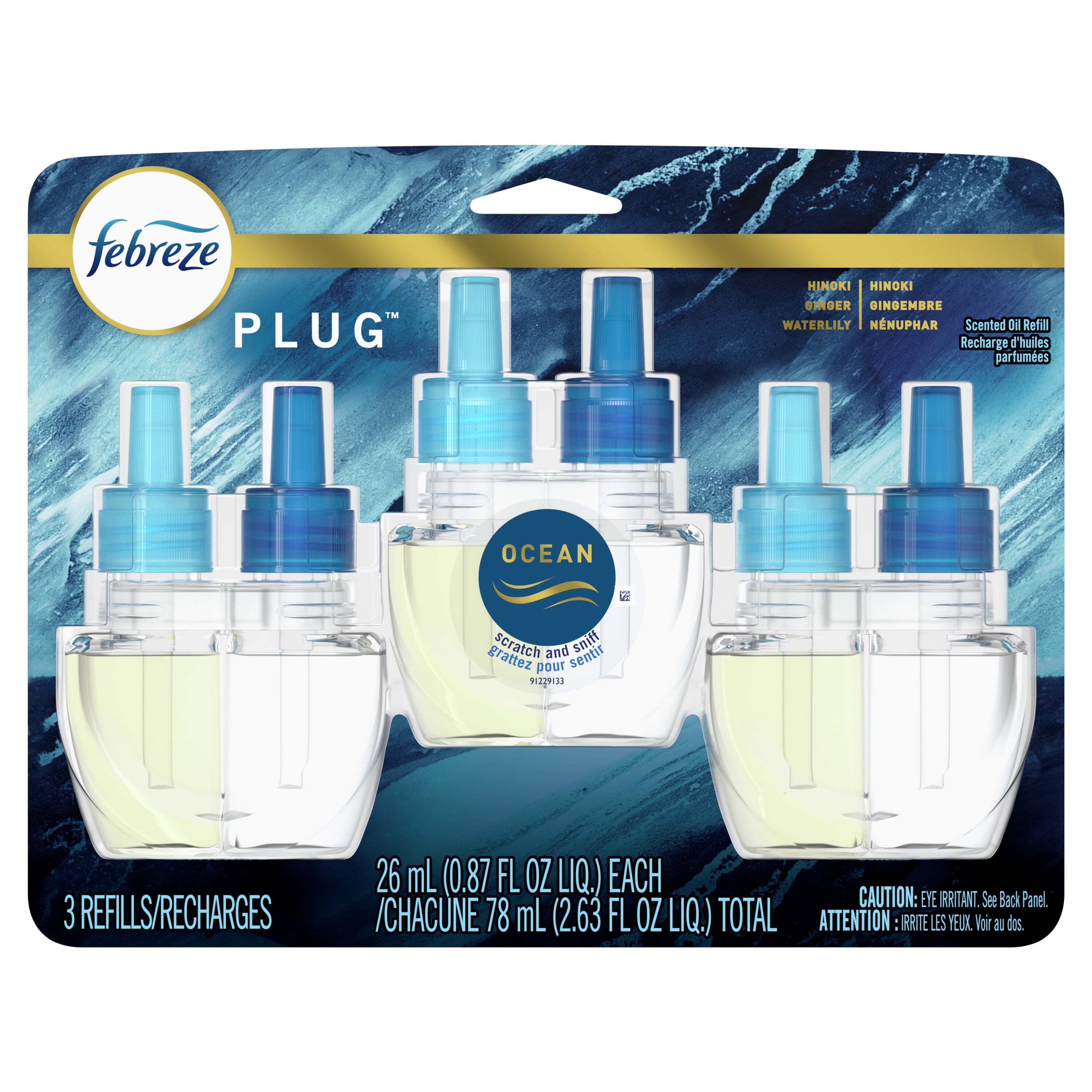 Febreze Plug In Air Freshener, Odor-Fighting Scented Oil Refill, Ocean, 3