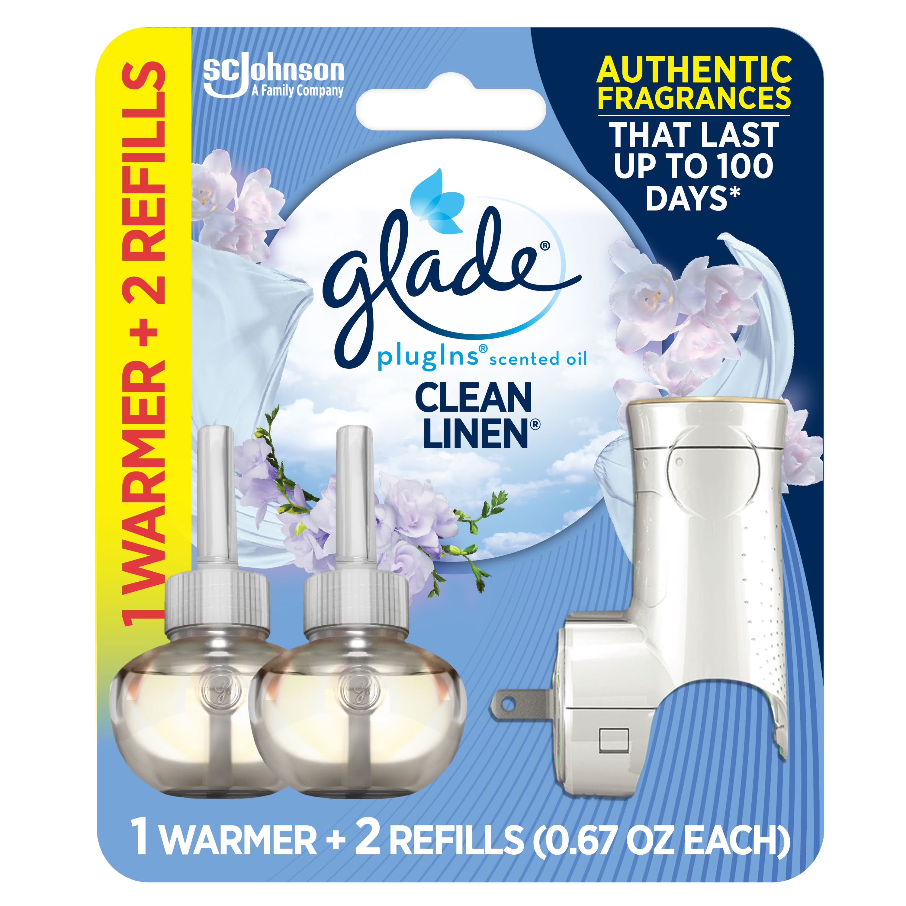 Glade PlugIns Scented Oil Warmer + 2 Refills, Air Freshener, Clean Linen™, 2 x