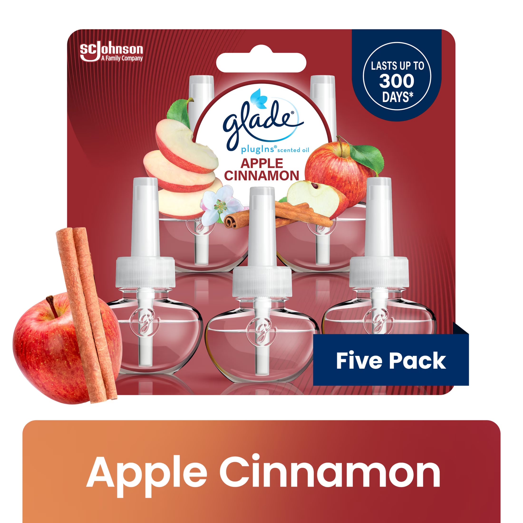 Glade PlugIns Scented Oil 5 Refills, Air Freshener, Apple Cinnamon, Essential
