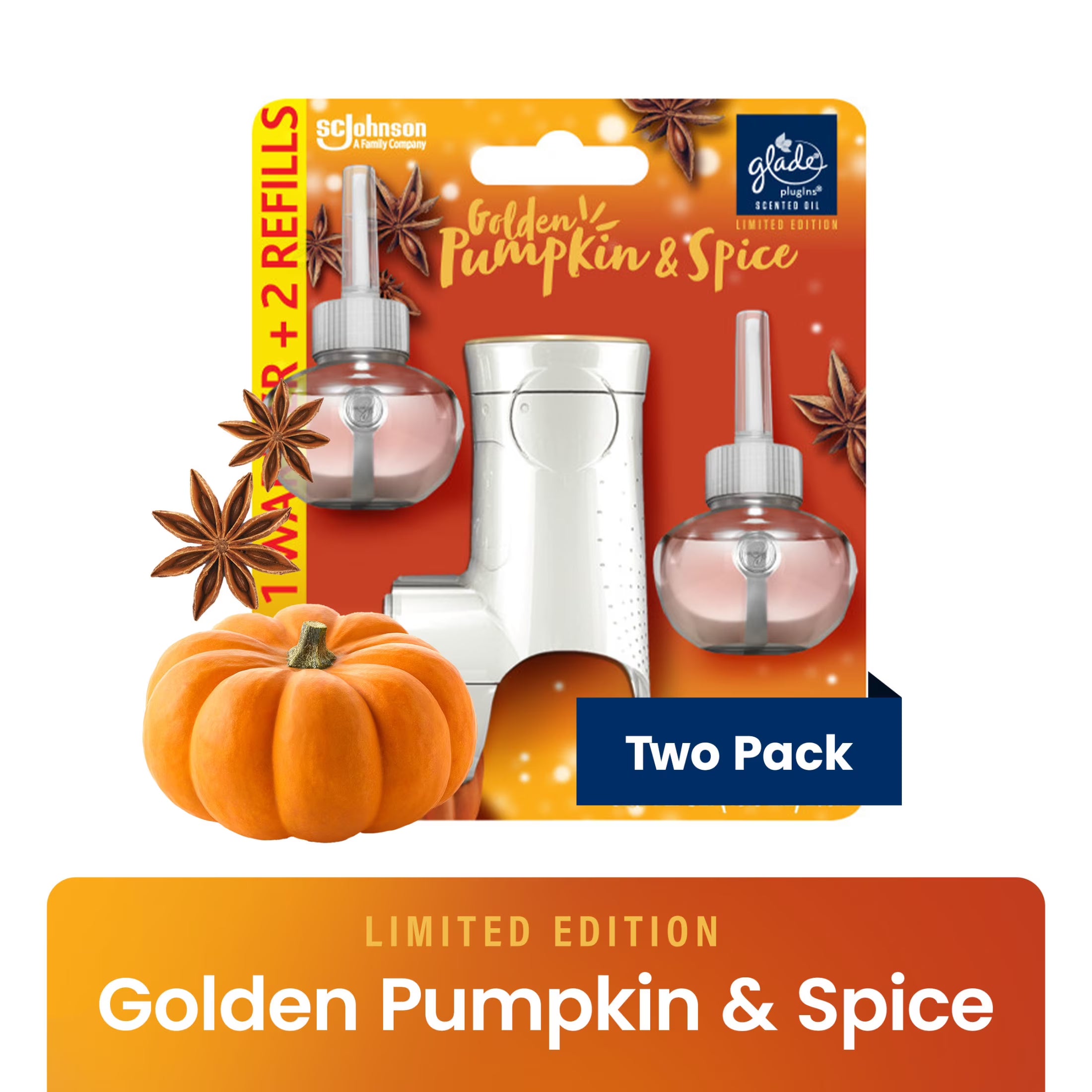 Glade PlugIns Air Freshener Kit, 1 Warmer + 2 Refills, Golden Pumpkin & Spice,