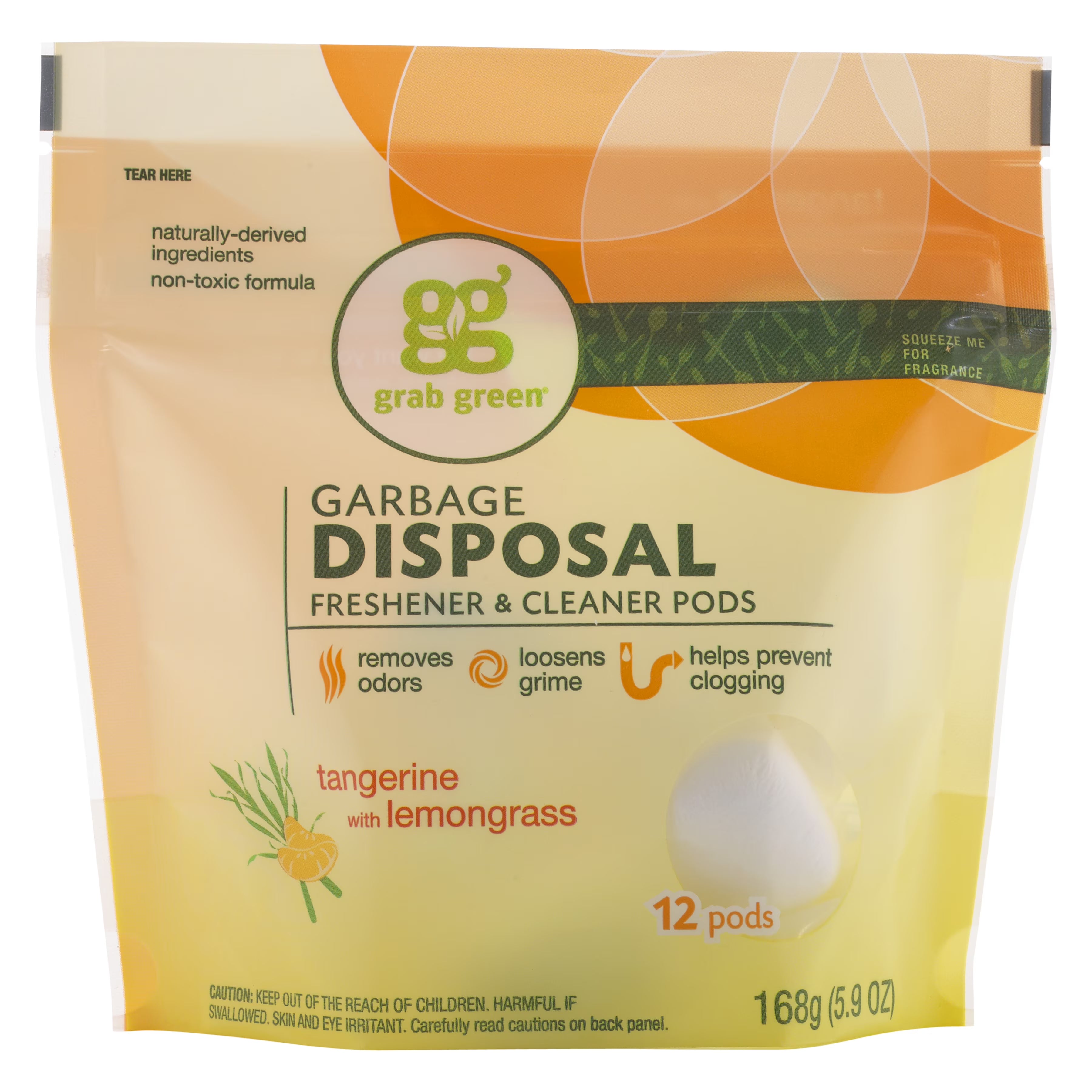 Grab Green Garbage Disposal Cleaner Pods, Tangerine Lemongrass scent, Removes