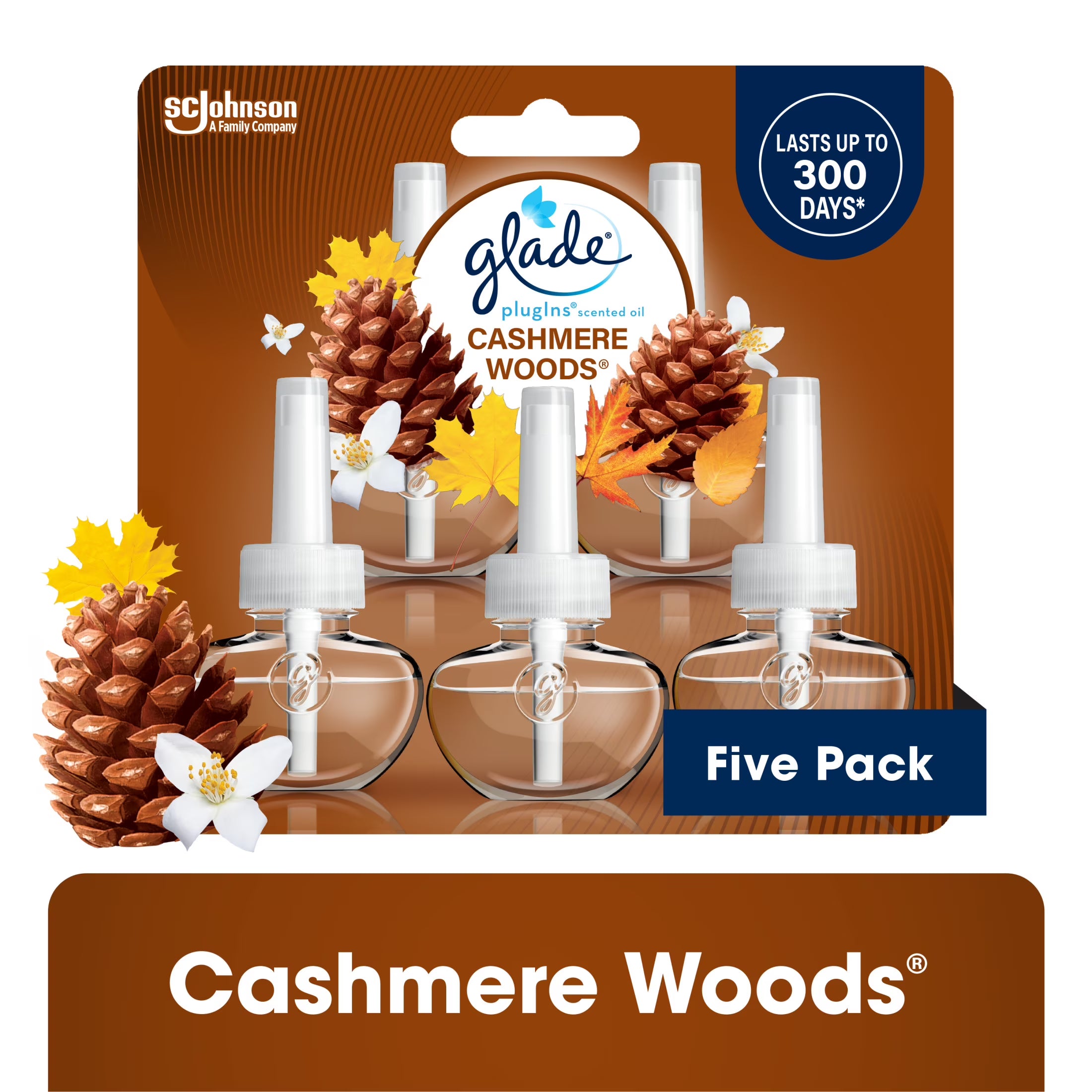 Glade PlugIns Scented Oil 5 Refills, Air Freshener, Cashmere Woods, Essential
