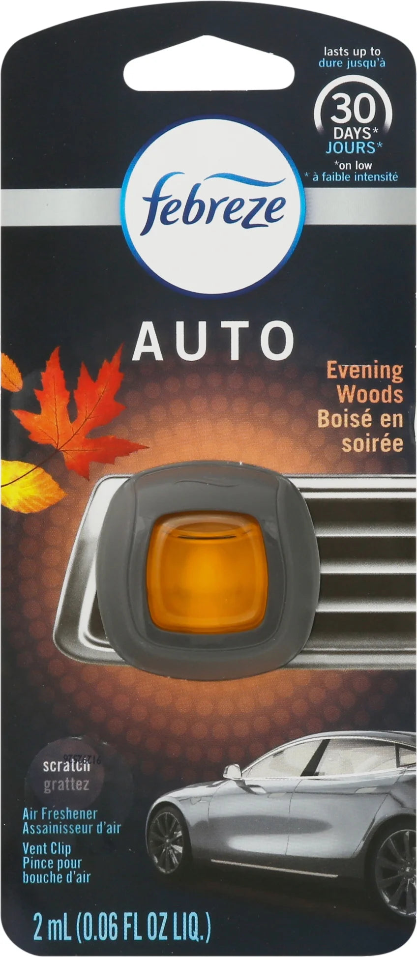Febreze AUTO Odor-Eliminating Car Freshener Vent Clip Evening Woods, .06 oz. - View 3