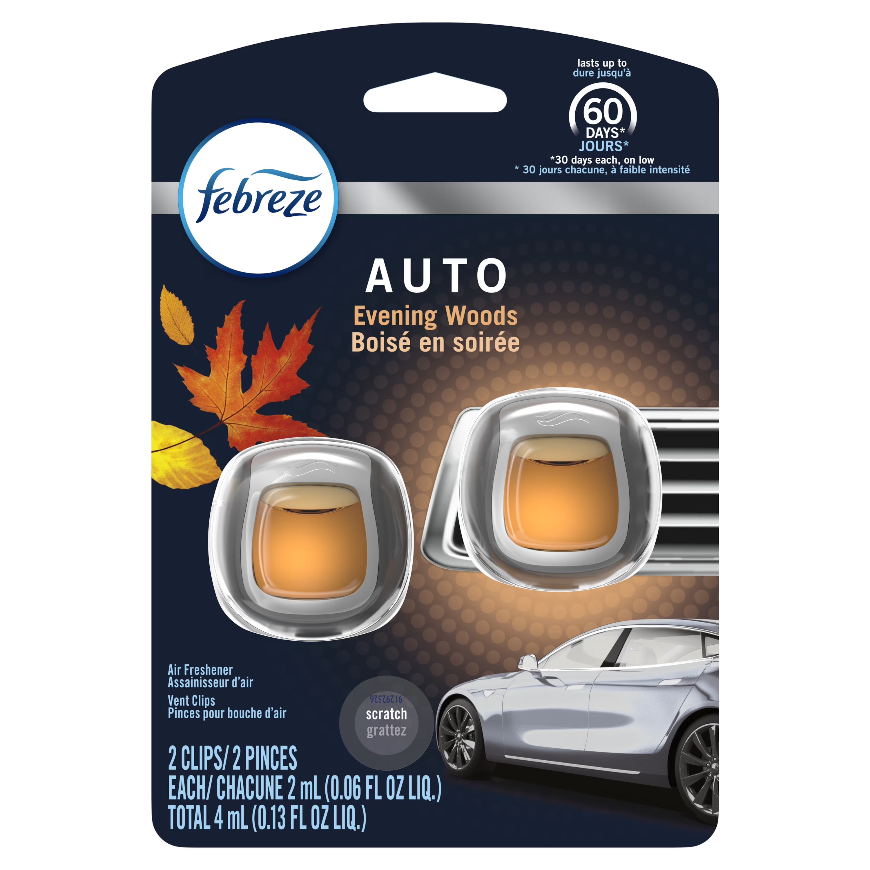 Febreze Auto Odor-Eliminating Car Freshener Vent Clip, Evening Woods, .06 oz, 2