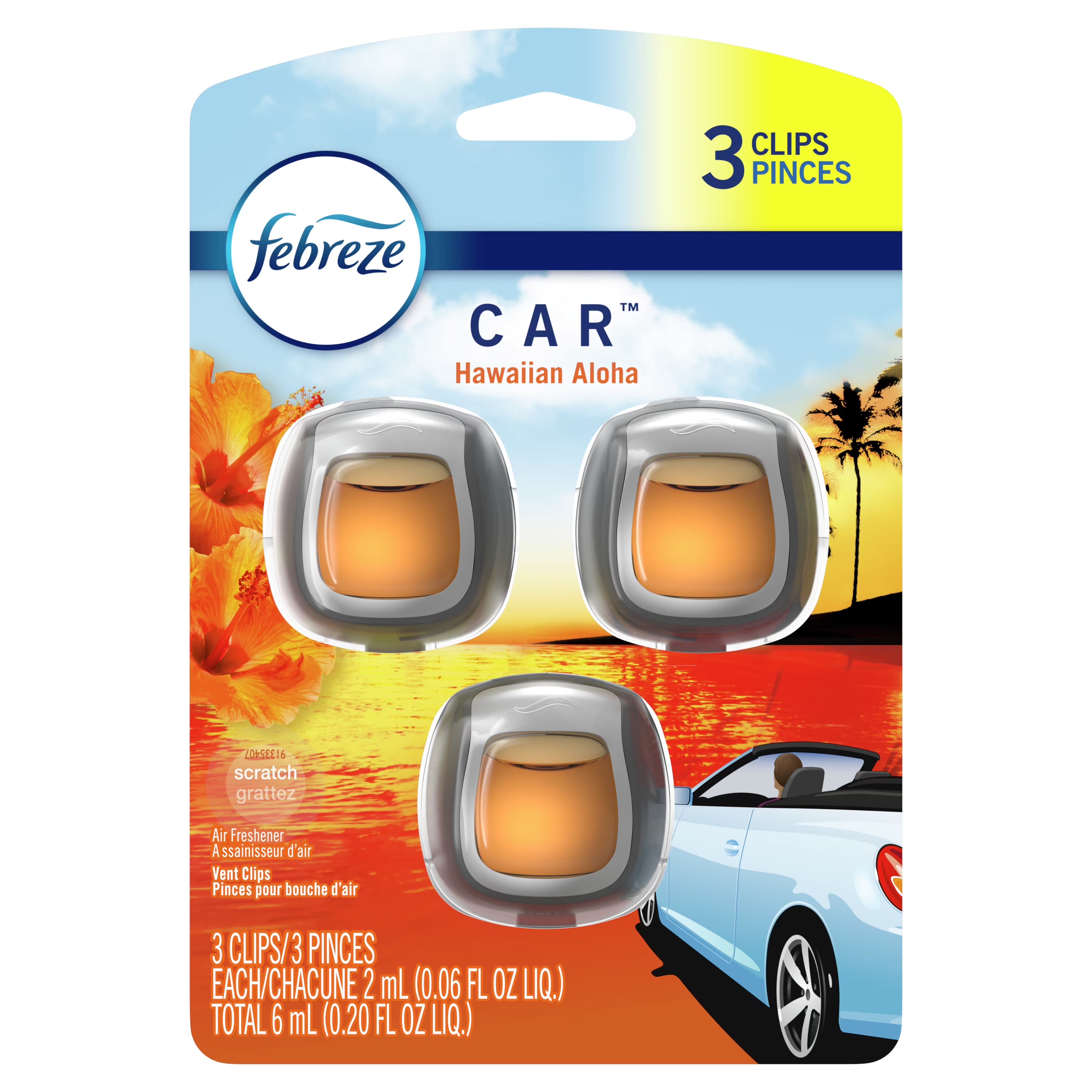Febreze Car Odor Eliminating Air Freshener, Hawaiian Aloha, 3 Count