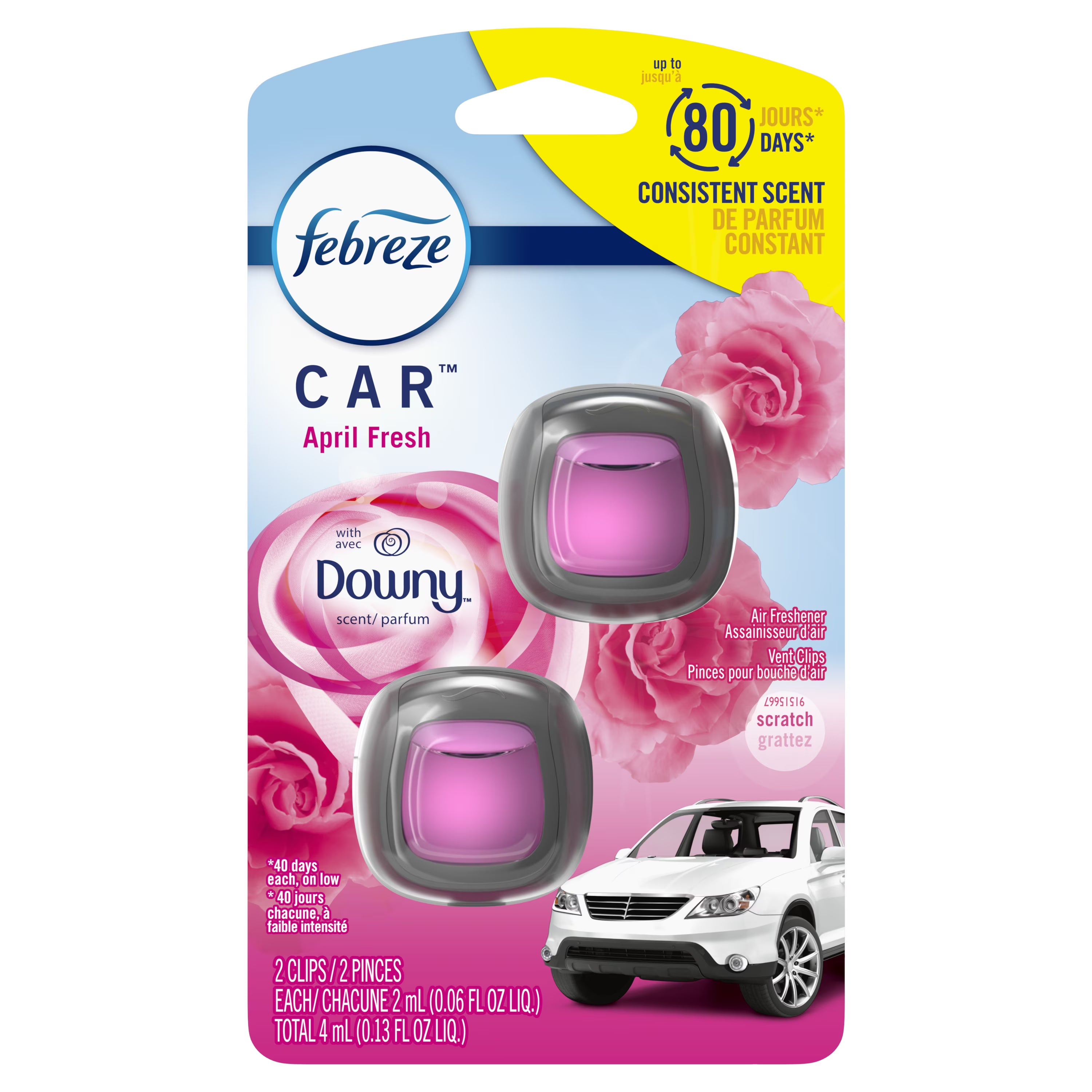 Febreze Car Air Freshener Vent Clip Downy April Fresh Scent, Car Vent Clip, 2