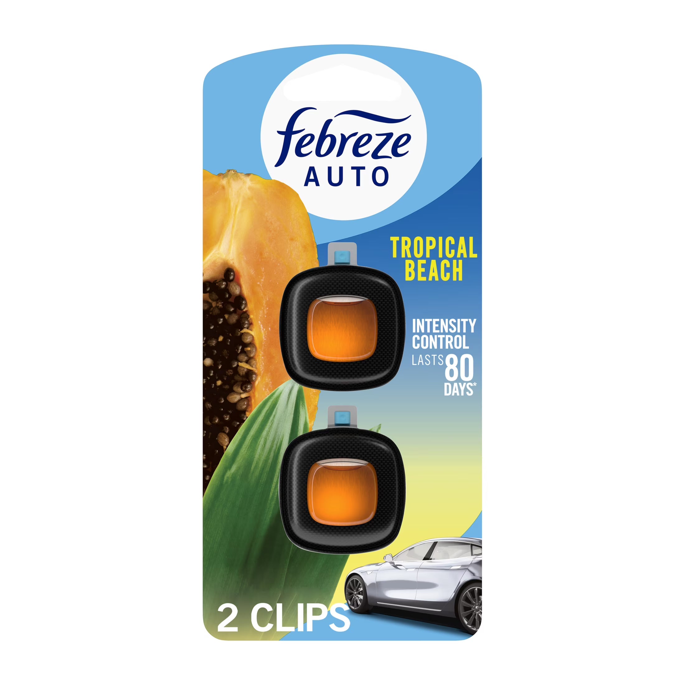 Febreze AUTO Car Air Freshener, Odor-Fighting Car Vent Clip, Tropical Beach, 2