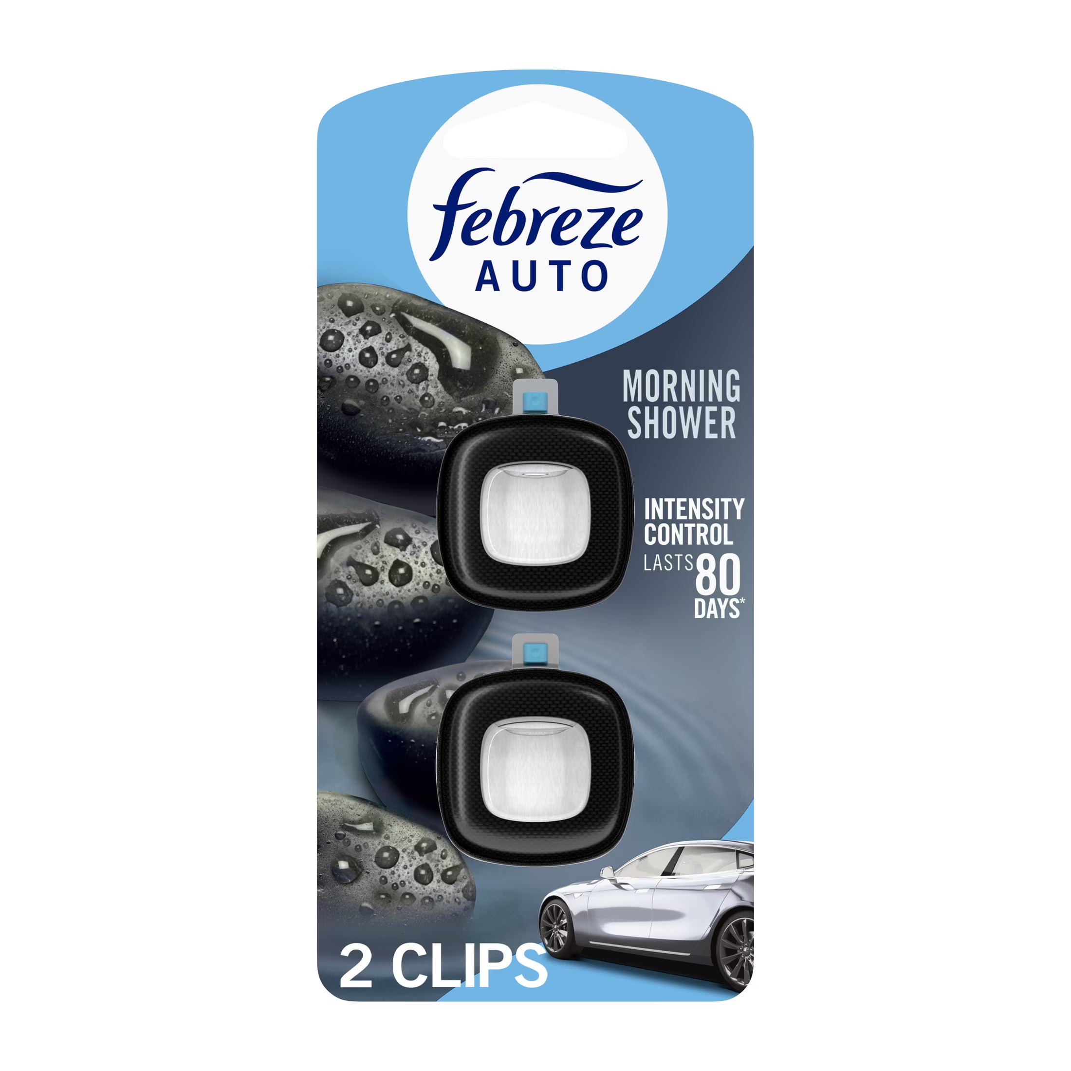 Febreze AUTO Car Air Freshener, Odor-Fighting Car Vent Clip, Morning Shower, 2