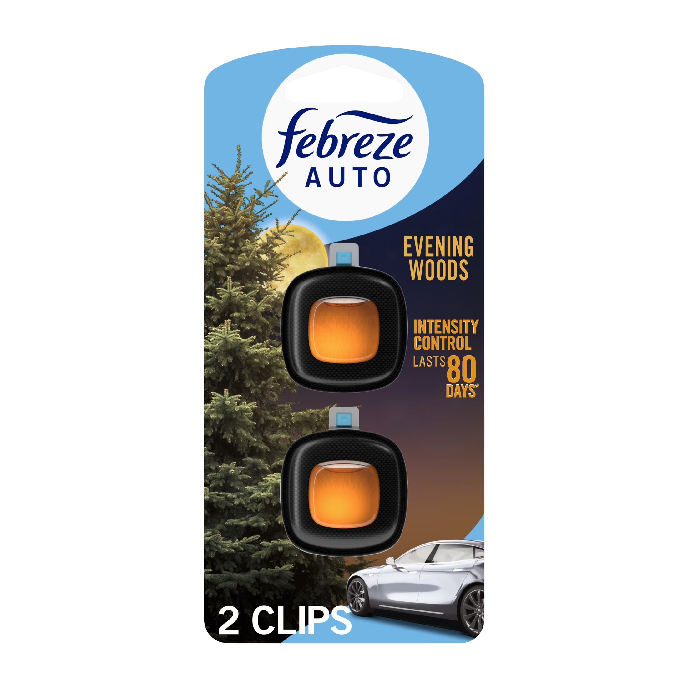 Febreze AUTO Car Air Freshener, Odor-Fighting Car Vent Clip, Evening Woods, 2