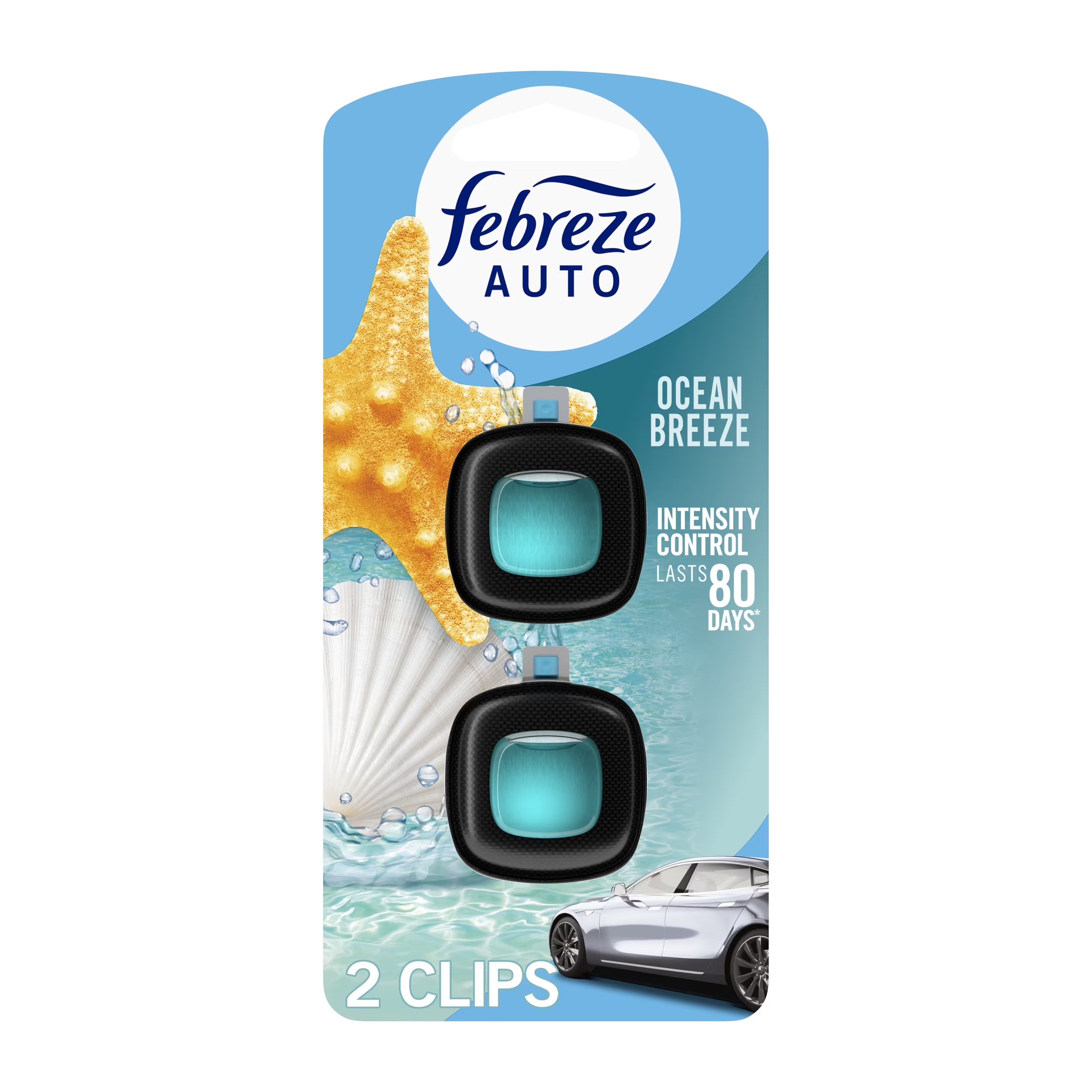 Febreze AUTO Car Air Freshener, Odor-Fighting Car Vent Clip, Ocean Breeze, 2