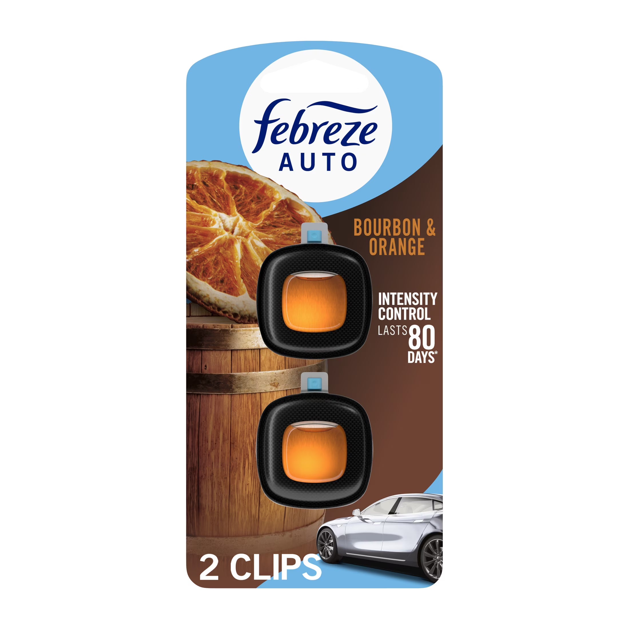 Febreze AUTO Car Air Freshener, Odor-Fighting Car Vent Clip, Bourbon & Orange,