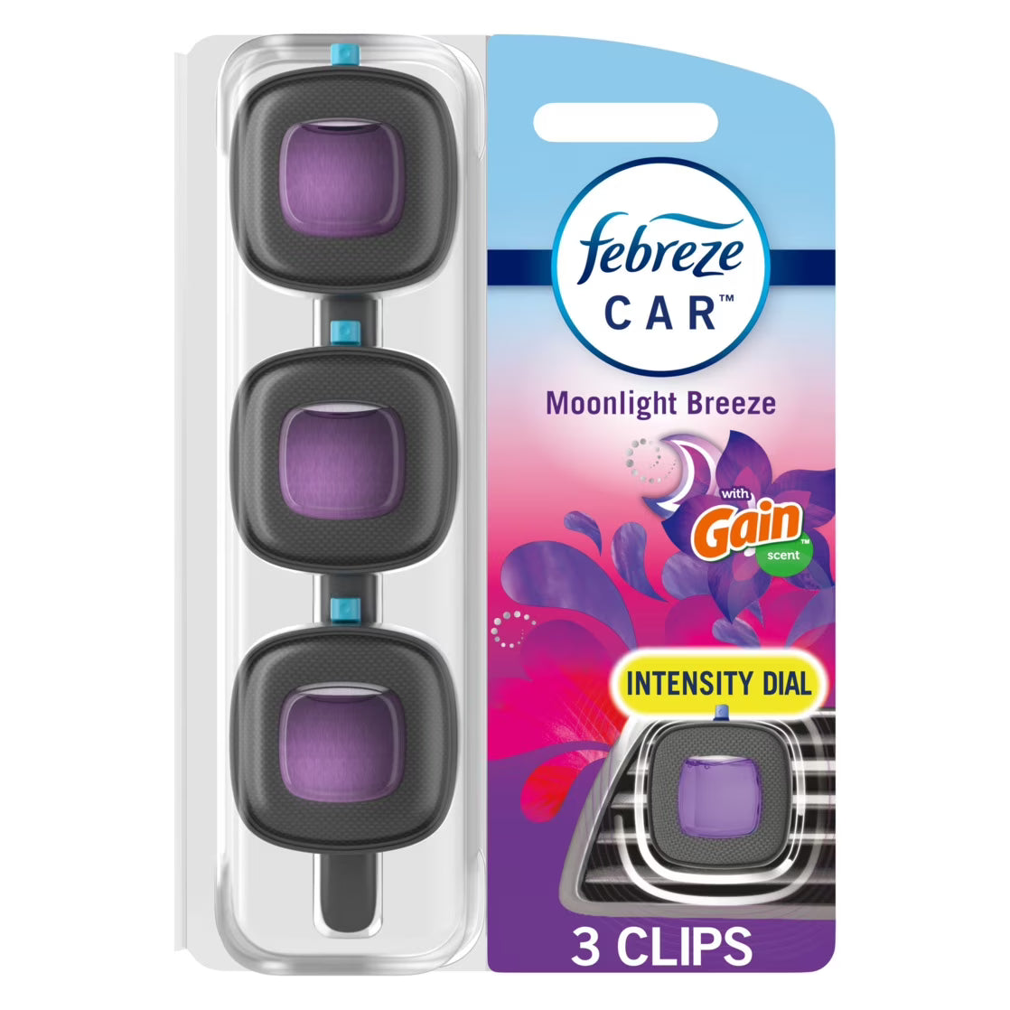 Febreze Car Air Freshener Odor-Fighting Car Vent Clip, Gain Moonlight Breeze, 3