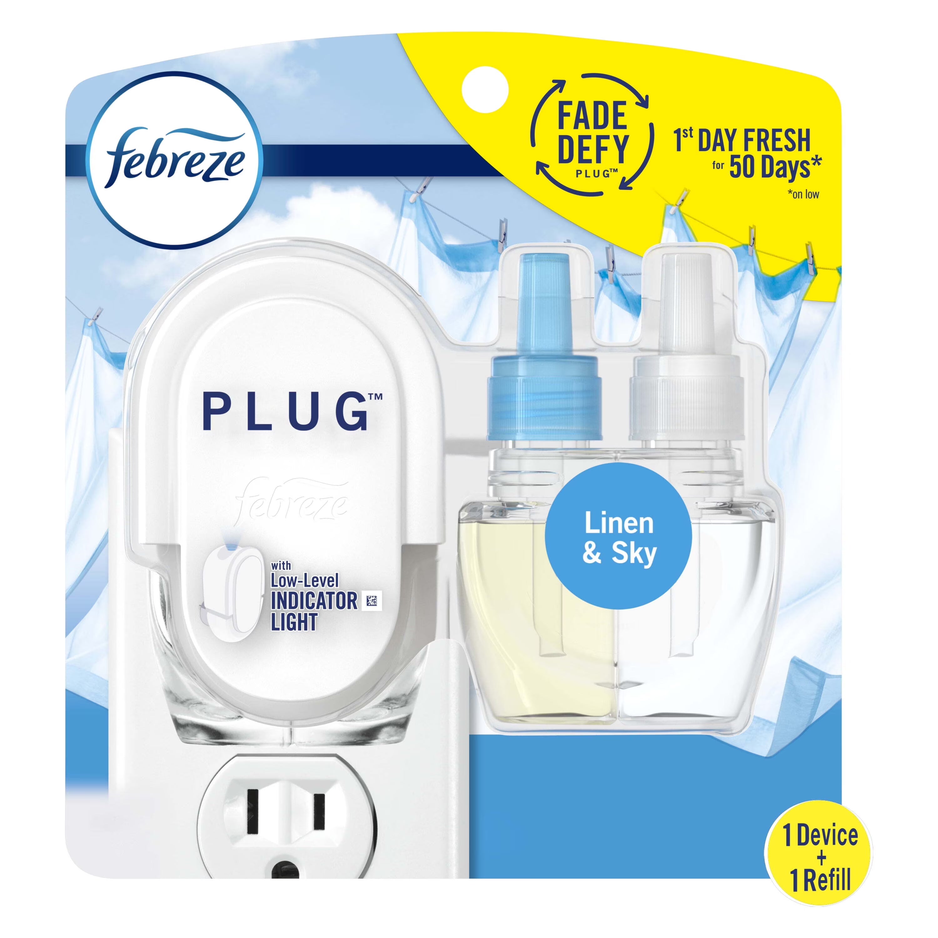 Febreze Plug In Air Freshener, Odor-Fighting Oil Kit, Linen & Sky, Warmer + 1