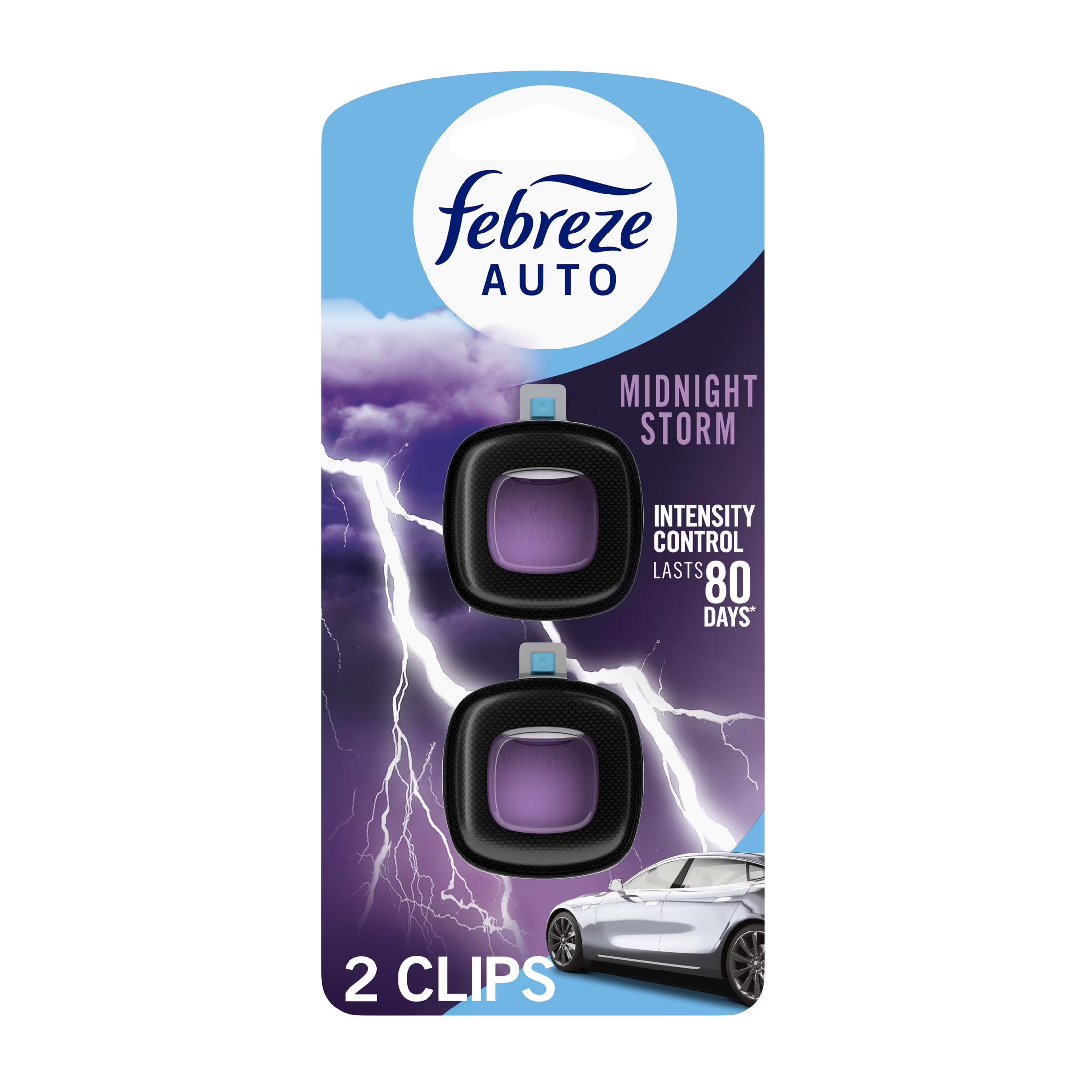 Febreze AUTO Car Air Freshener, Odor-Fighting Car Vent Clip, Midnight Storm, 2